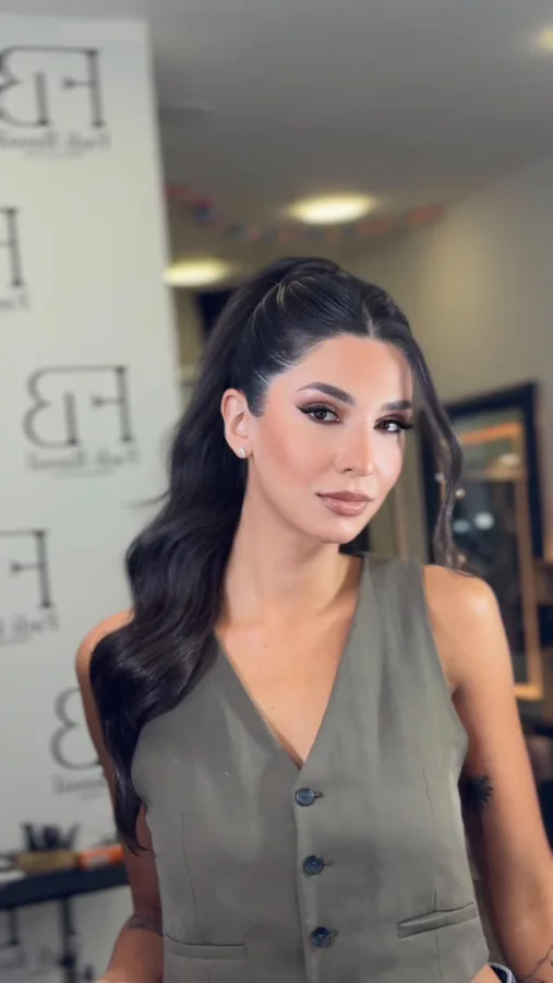 Sculpted evening makeup with a soft nude lip